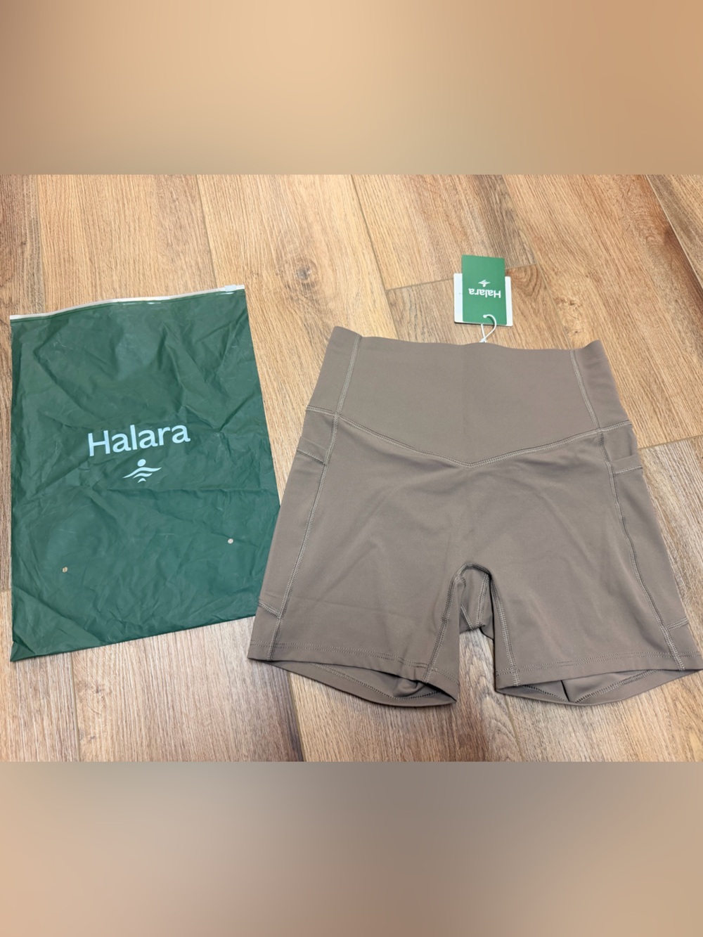 Halara UltraSculpt High Waisted Biker Shorts S Dawn Brown Side Pocket Slimming